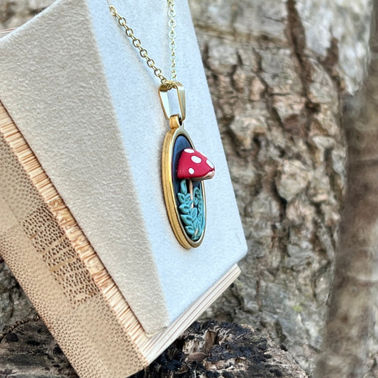 Mushroom and Fern Necklace in Gold