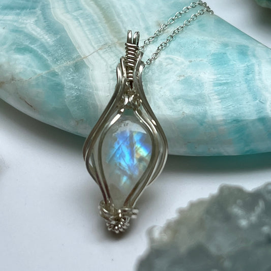 Rainbow Moonstone Pendant Wire-Wrapped in Sterling Silver - Simply Affinity