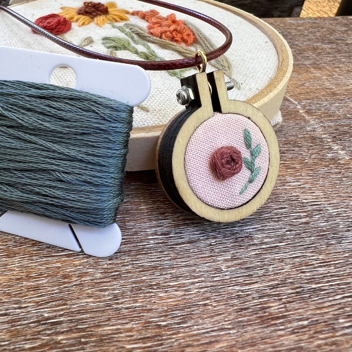 Hand-Embroidered Rose & Vine Necklace