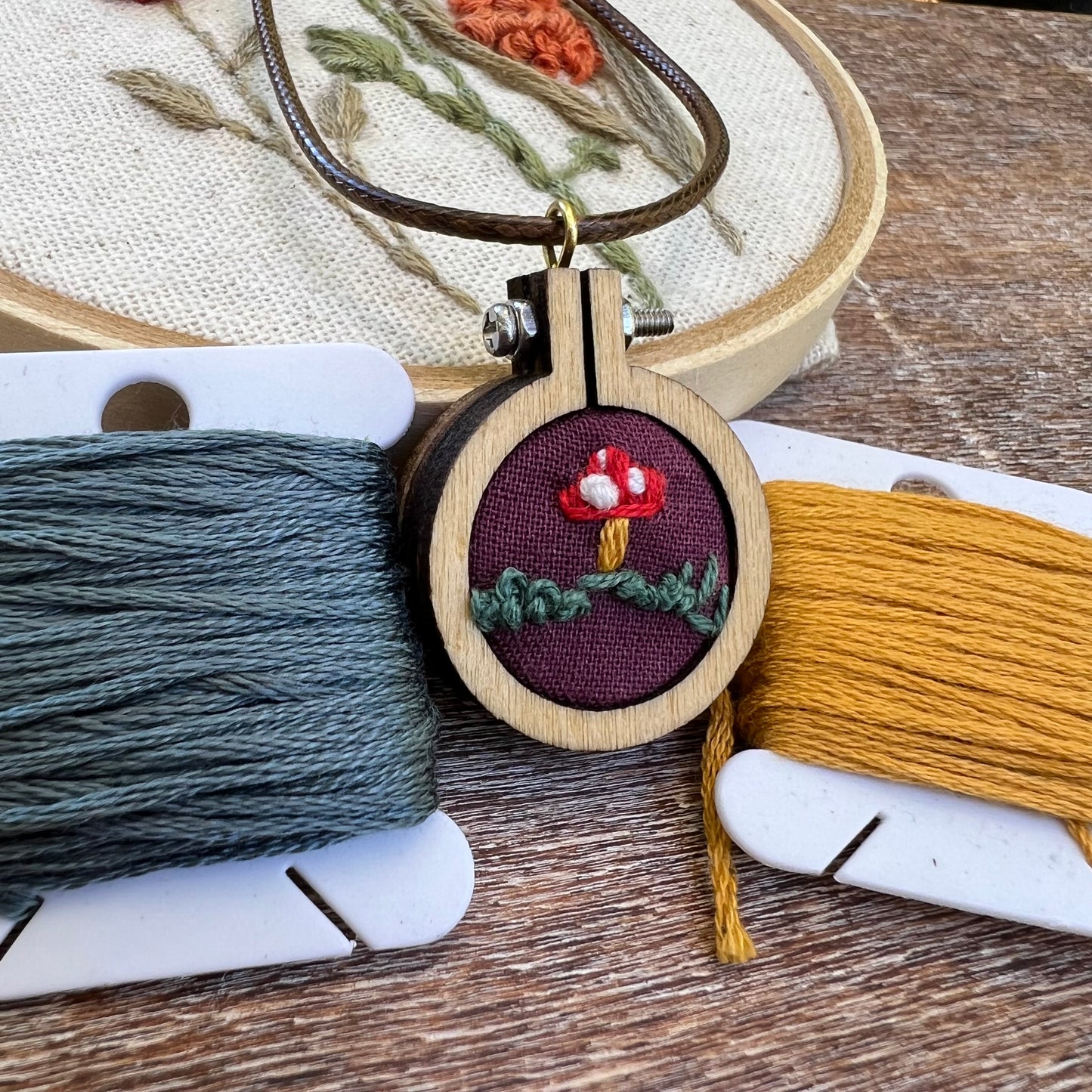 Hand-Embroidered Mushroom Necklace