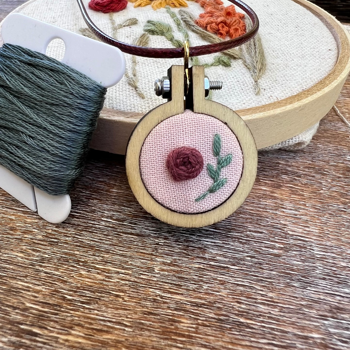 Hand-Embroidered Rose & Vine Necklace