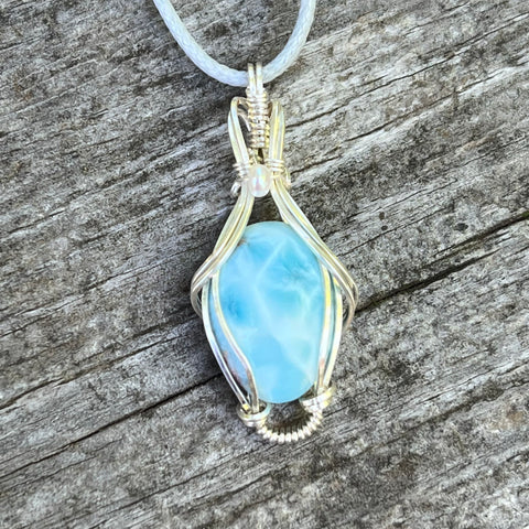 Larimar & Pearl Pendant Wire-Wrapped in Sterling Silver