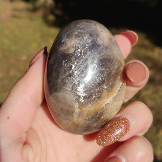 Black Moonstone Palm Stone with Rainbows (#10)