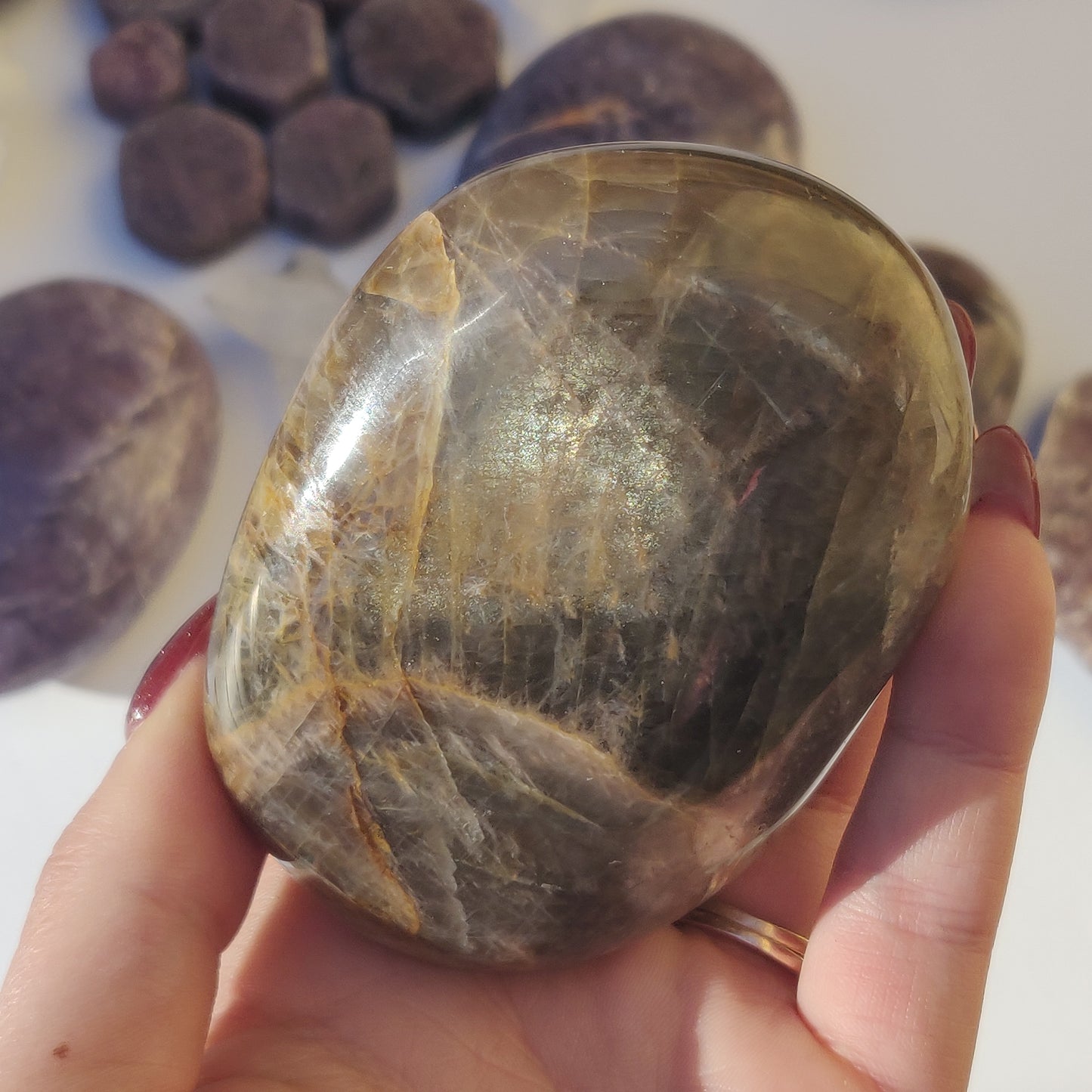 Black Moonstone Palm Stone, Flashy Black Moonstone (#3)