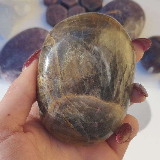 Black Moonstone Palm Stone, Flashy Black Moonstone (#3)