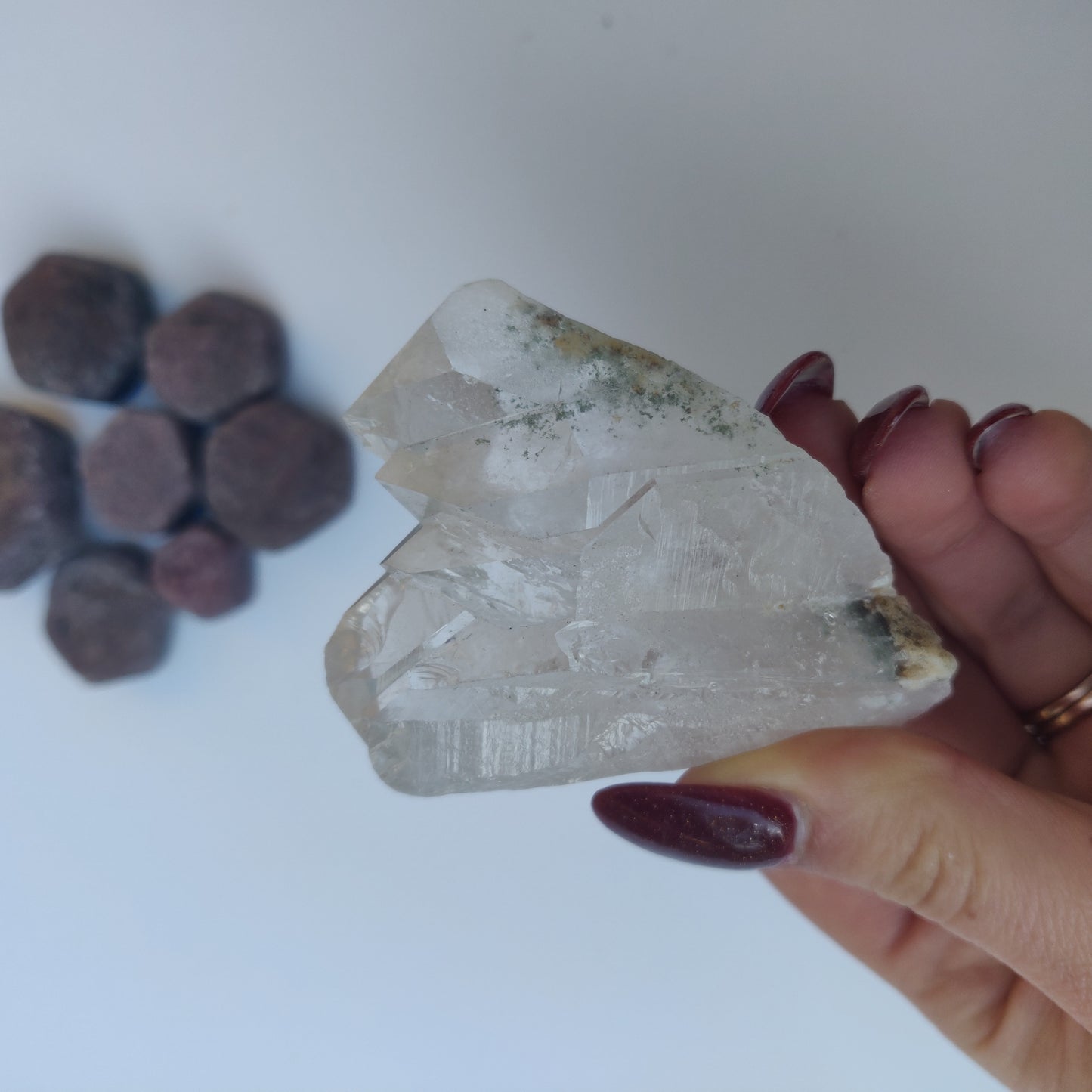 Raw Clear Quartz Cluster with Green Chlorite Inclusions (#A3)