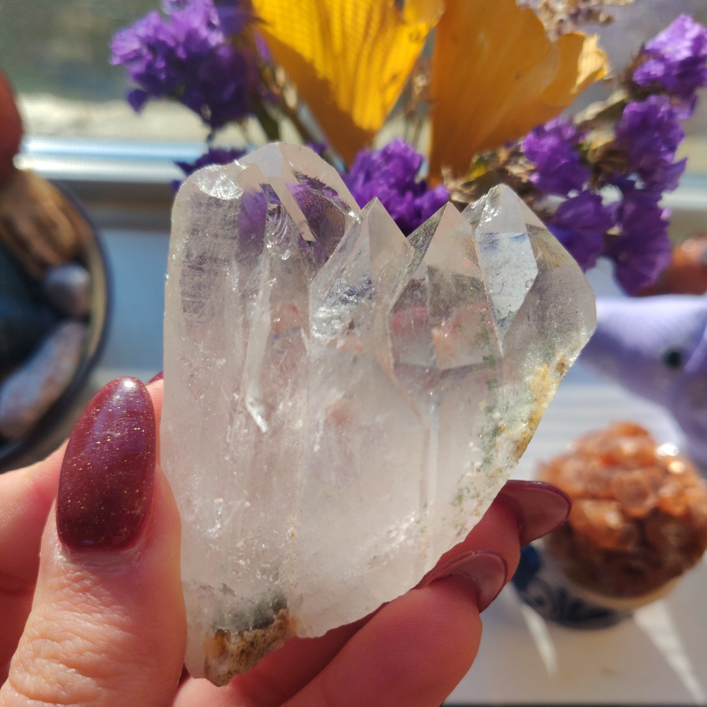 Raw Clear Quartz Cluster with Green Chlorite Inclusions (#A3)