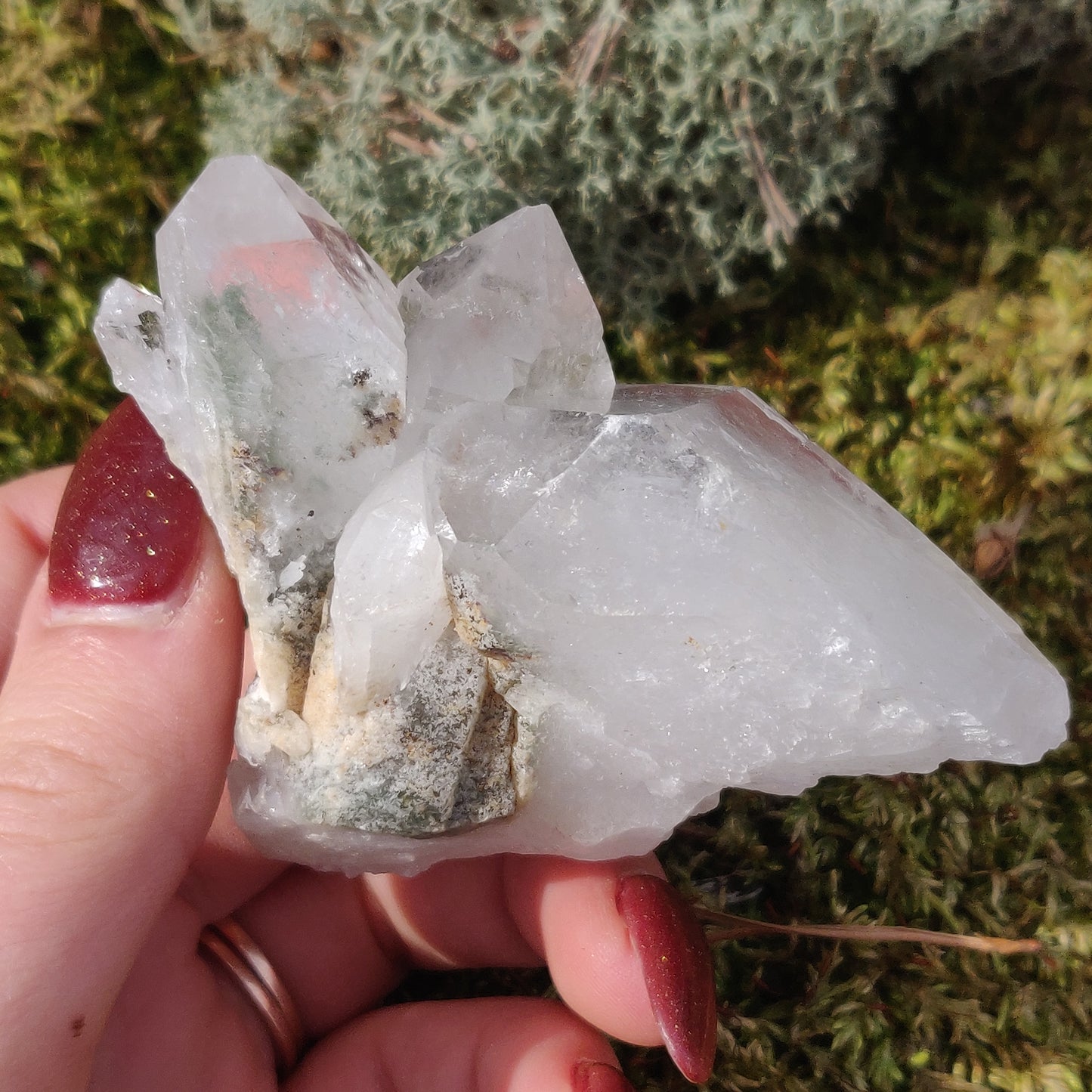 Raw Clear Quartz Cluster with Green Chlorite Inclusions (#A2)