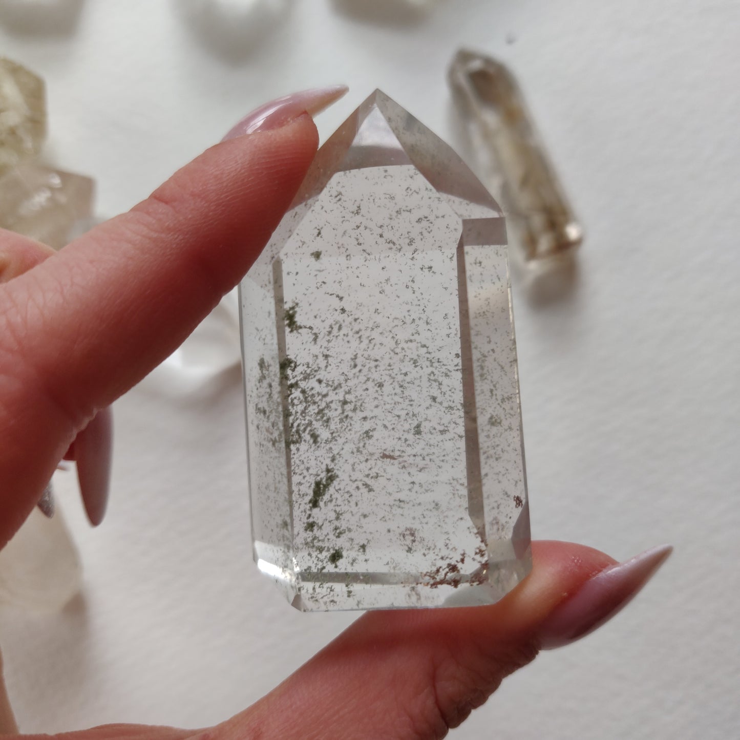 Garden Quartz Point, Lodolite Point with Green Chlorite Inclusions (#1A)