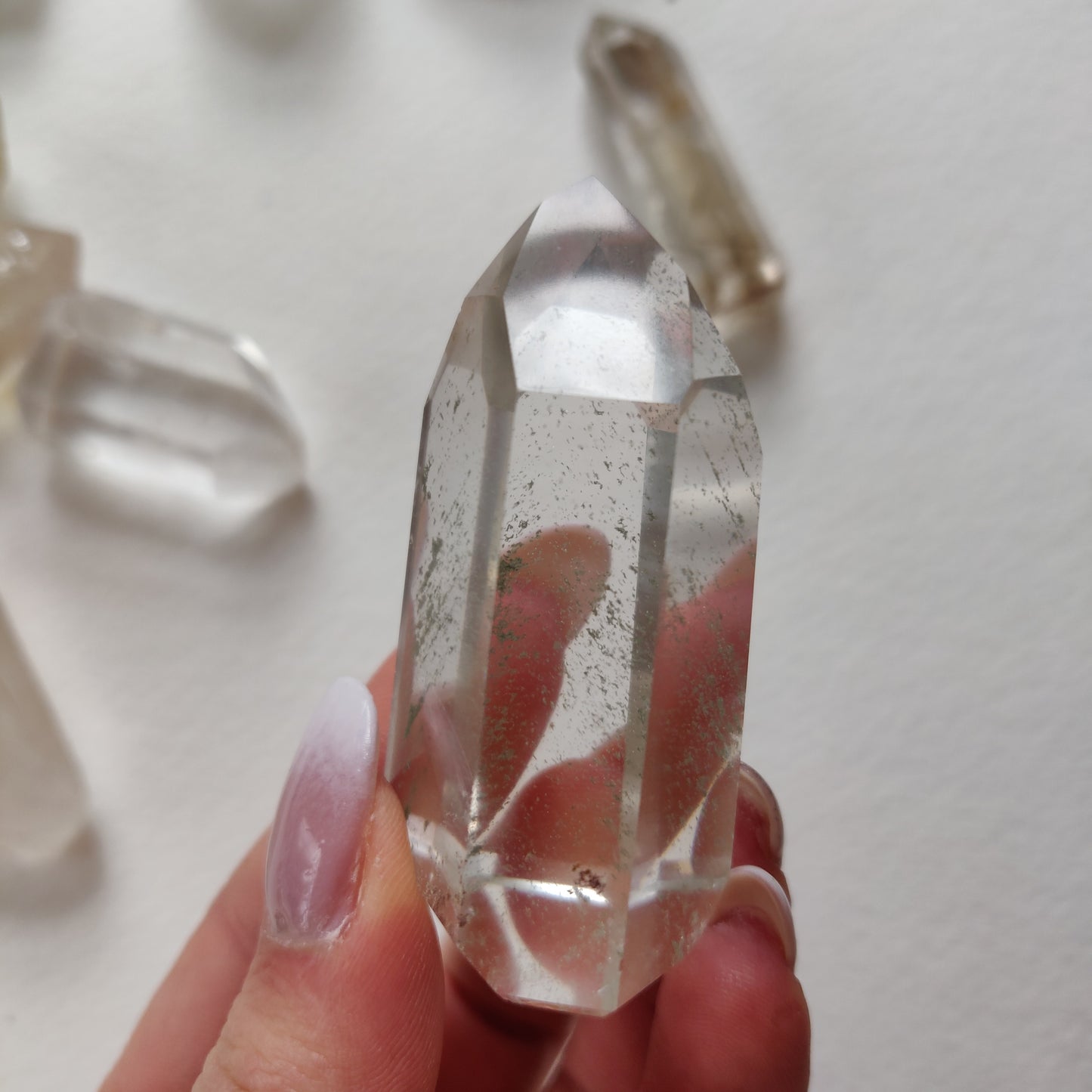 Garden Quartz Point, Lodolite Point with Green Chlorite Inclusions (#1A)