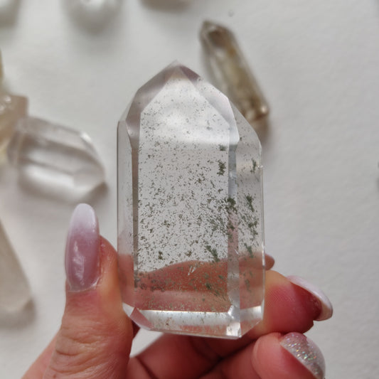 Garden Quartz Point, Lodolite Point with Green Chlorite Inclusions (#1A)