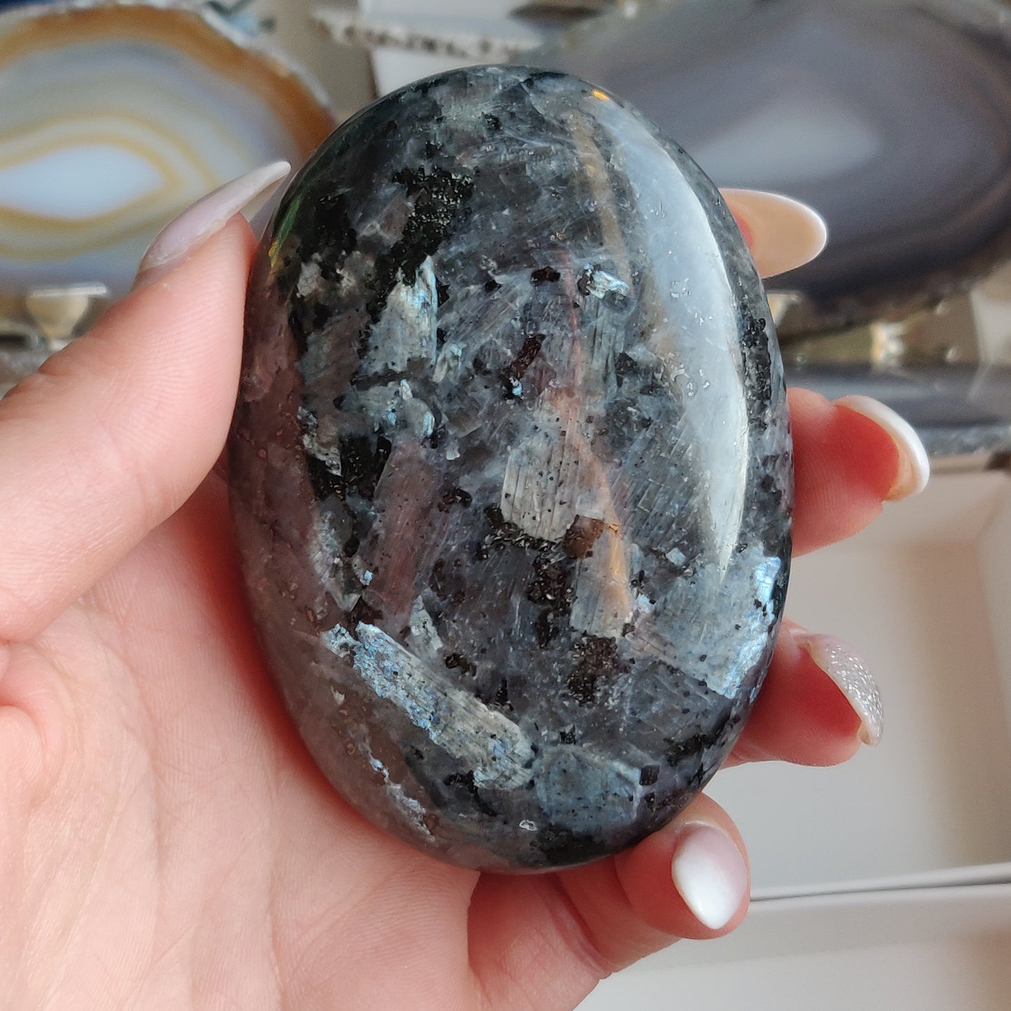 Larvikite Palm Stone (#1)