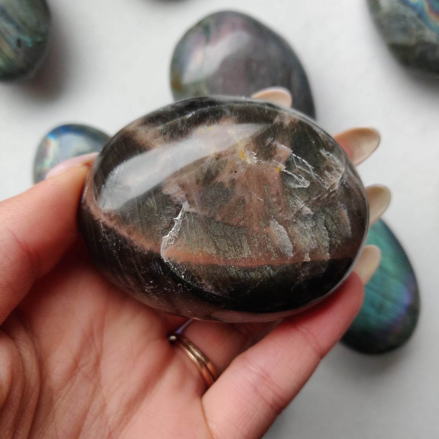 Black Moonstone Palm Stone, Flashy Black Moonstone (#2)