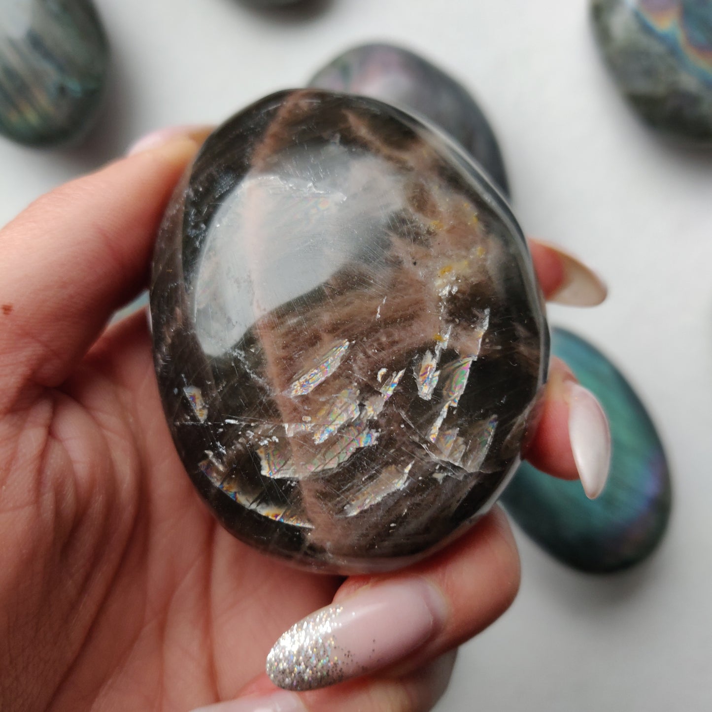 Black Moonstone Palm Stone, Flashy Black Moonstone (#2)