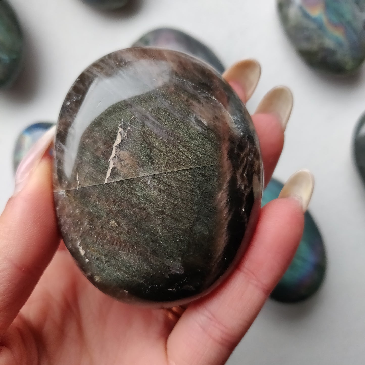 Black Moonstone Palm Stone, Flashy Black Moonstone (#2)