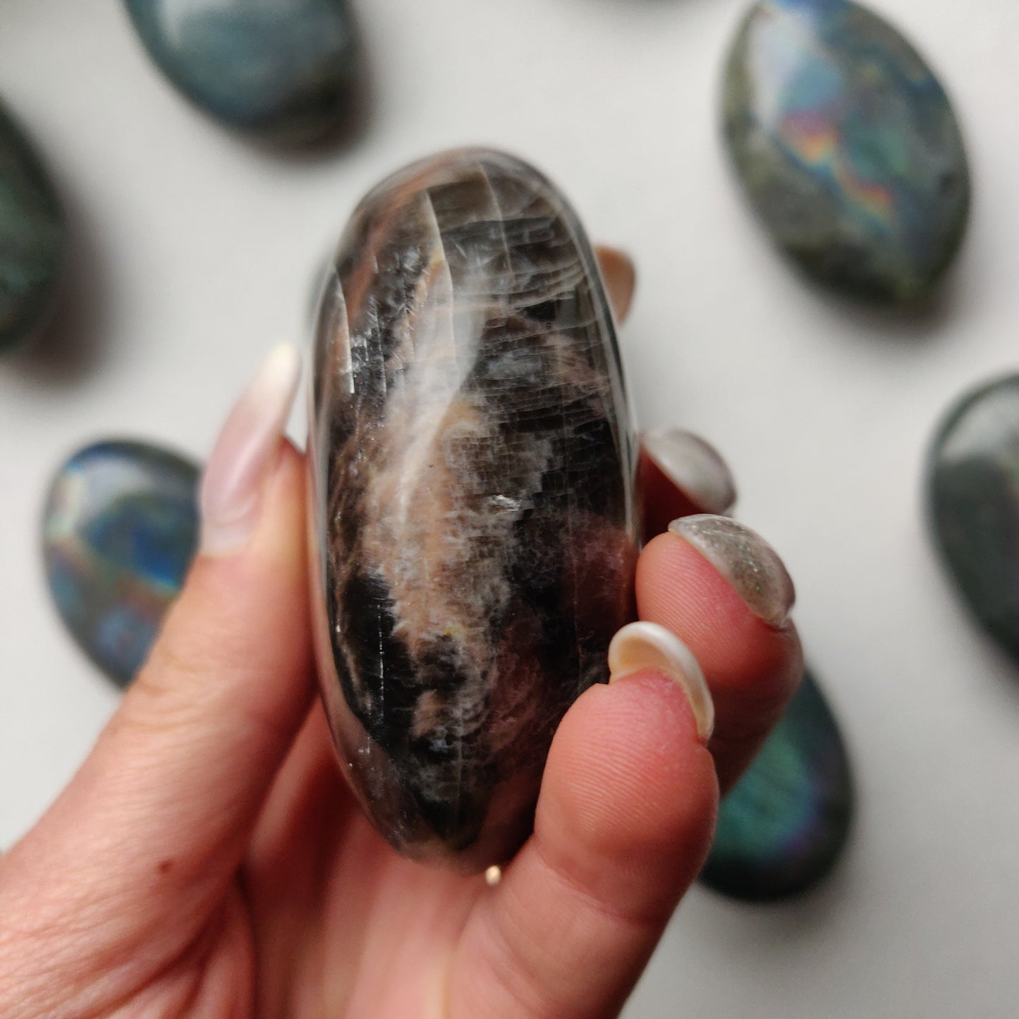 Black Moonstone Palm Stone, Flashy Black Moonstone (#2)