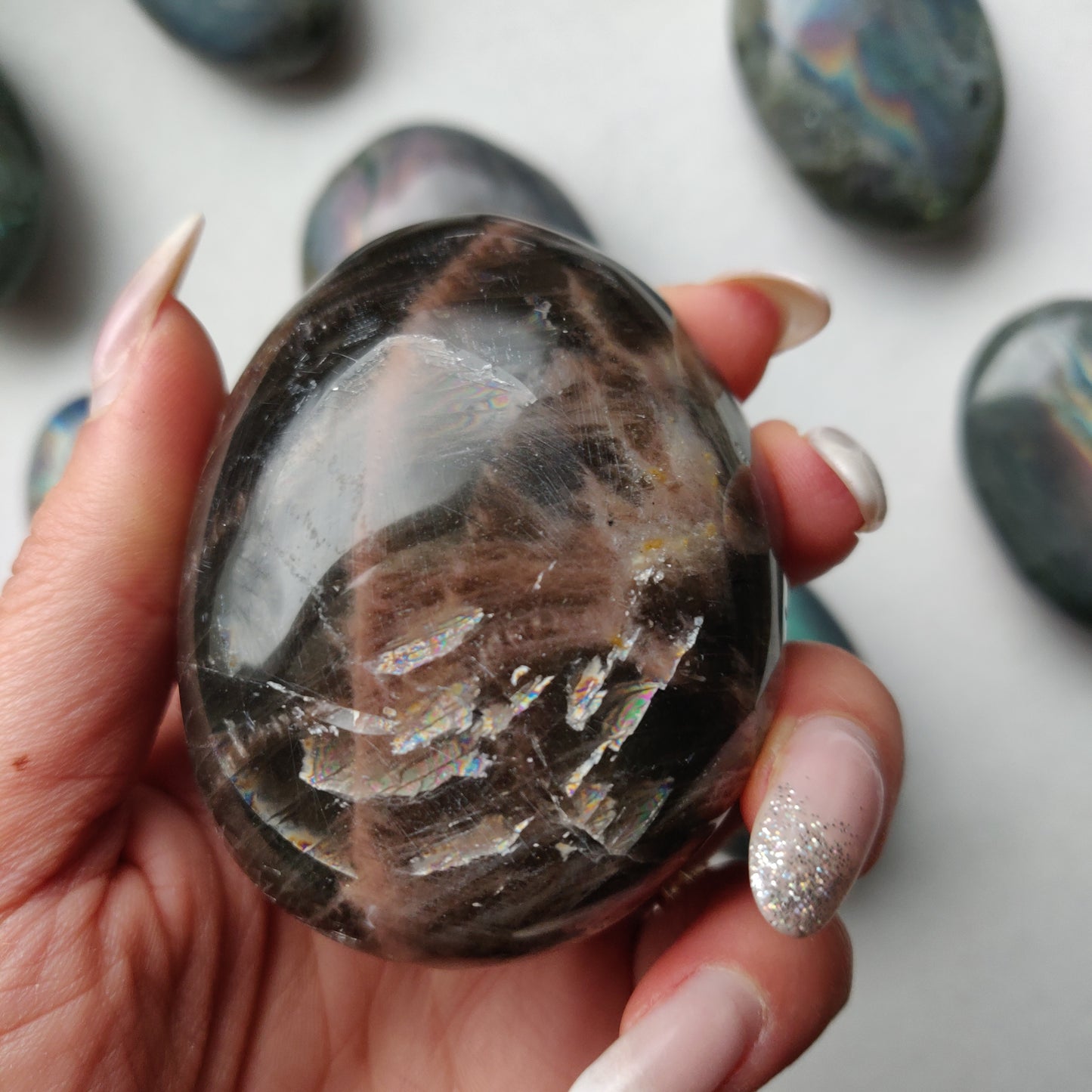 Black Moonstone Palm Stone, Flashy Black Moonstone (#2)