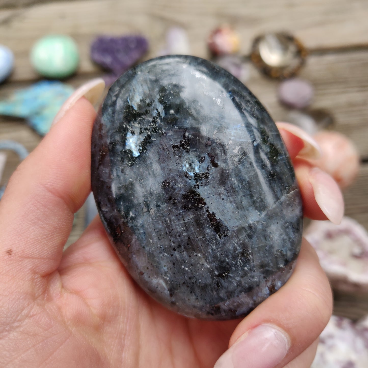 Larvikite Palm Stone (#10)