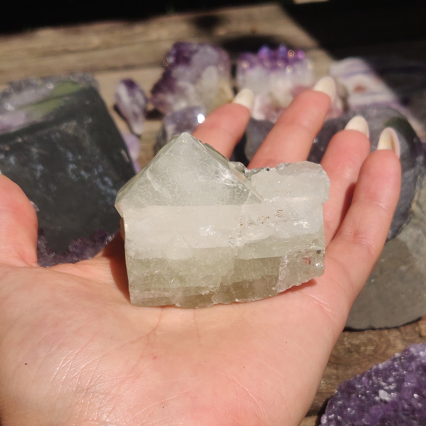 Green Apophyllite with Peach Stillbite Cluster (#35)