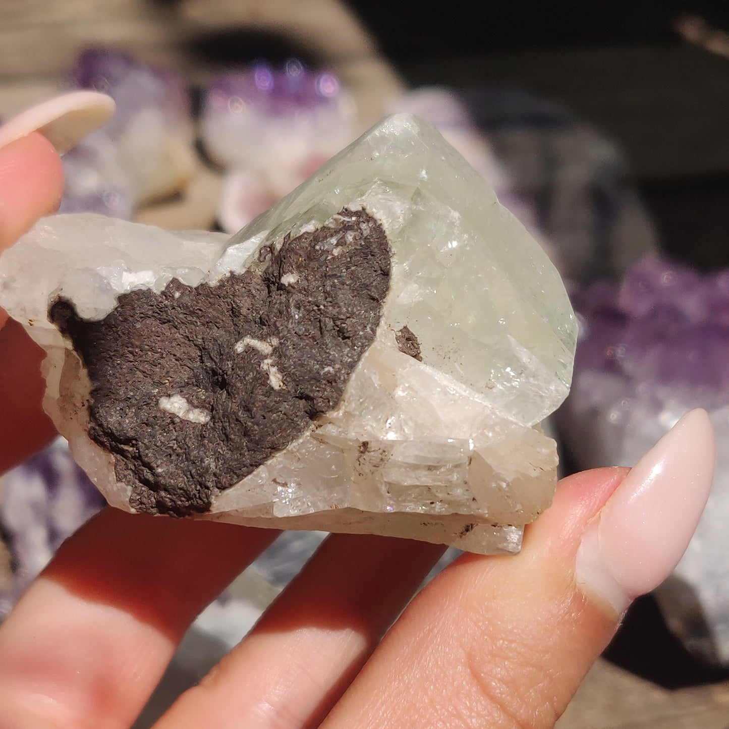 Green Apophyllite with Peach Stillbite Cluster (#35)