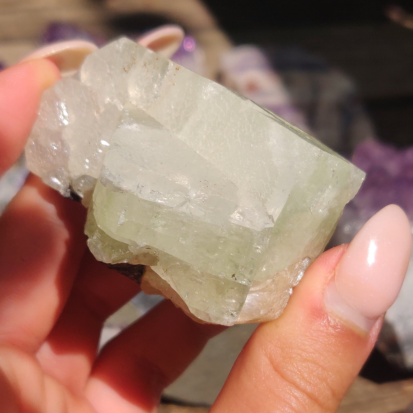 Green Apophyllite with Peach Stillbite Cluster (#35)