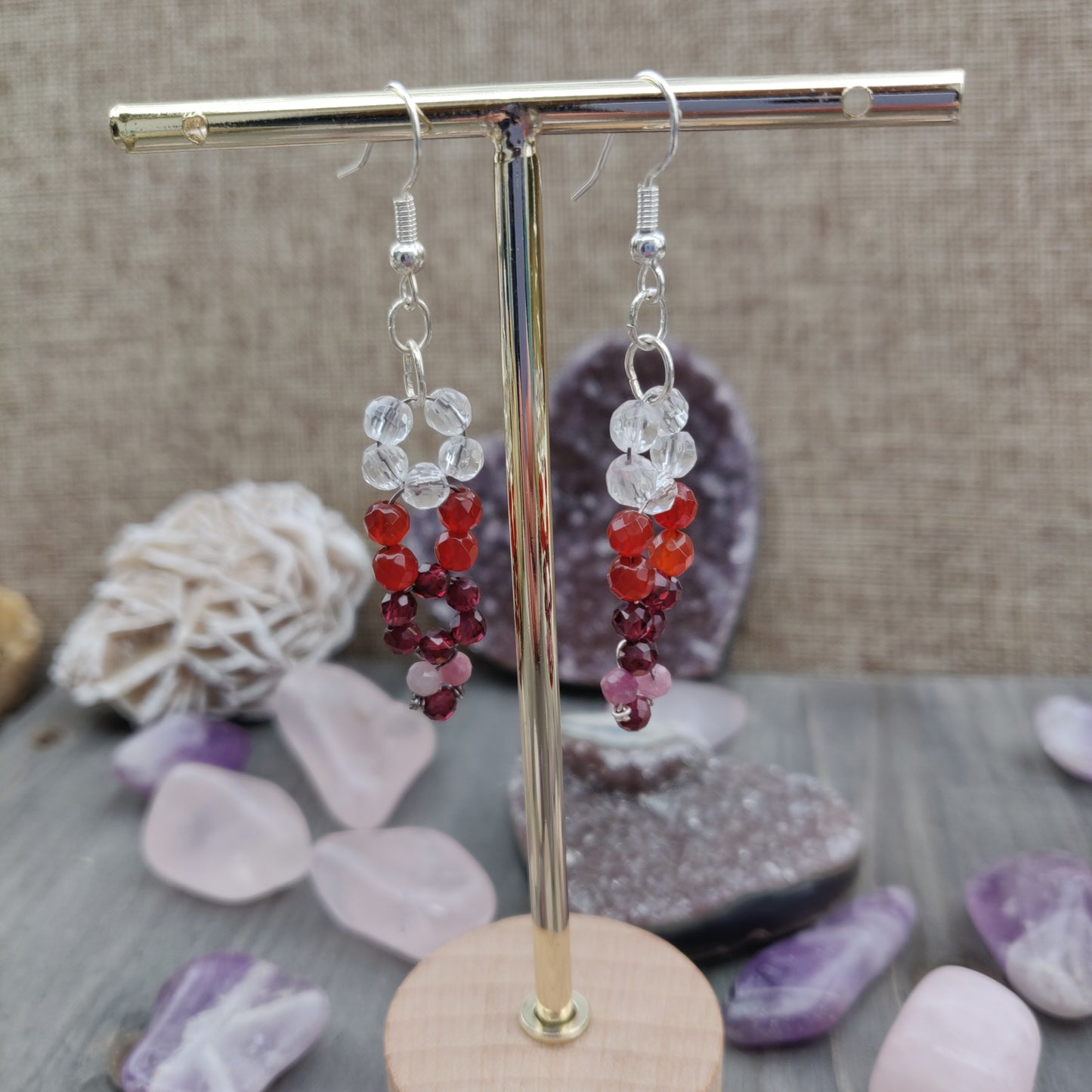 Handmade Gemstone Earrings - Clear Quartz, Carnelian, Garnet, & Pink Tourmaline - Simply Affinity