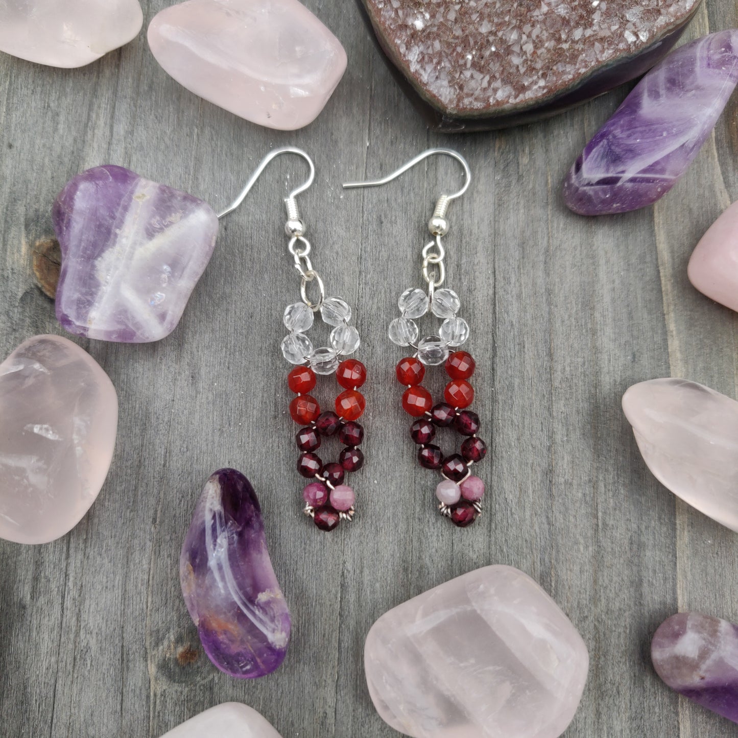 Handmade Gemstone Earrings - Clear Quartz, Carnelian, Garnet, & Pink Tourmaline - Simply Affinity