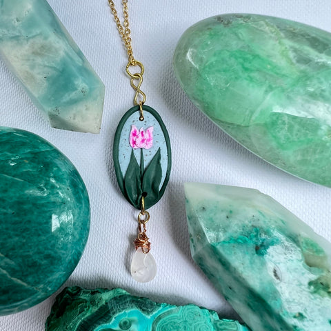 Framed Tulip and Rose Quartz Necklace - Ready to Ship - Simply Affinity