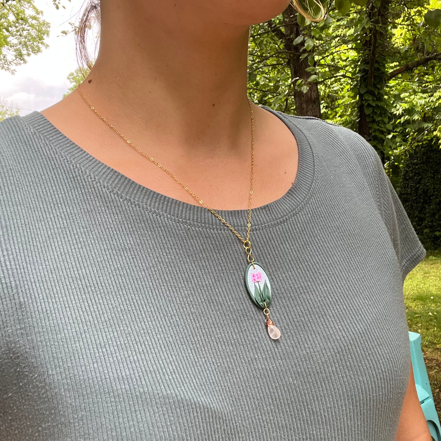 Framed Tulip and Rose Quartz Necklace - Ready to Ship - Simply Affinity