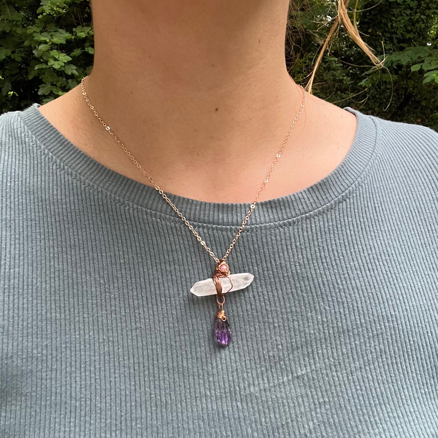 Handmade Wire-Wrapped Double Terminated Quartz & Amethyst Pendant - Simply Affinity
