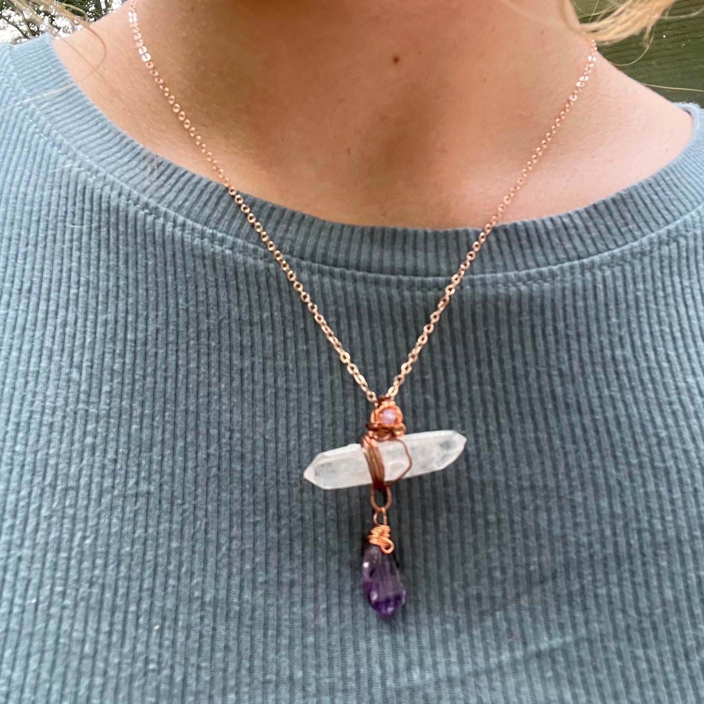 Handmade Wire-Wrapped Double Terminated Quartz & Amethyst Pendant - Simply Affinity
