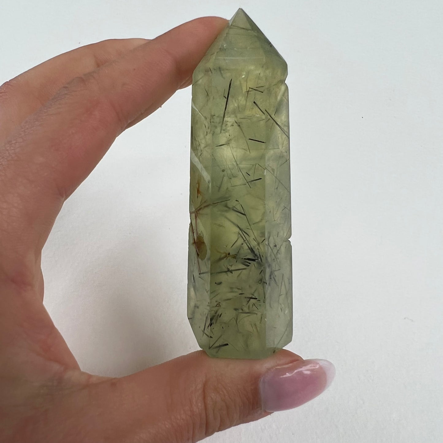 Polished Prehnite Point with Epidote Inclusions (#1) - Simply Affinity