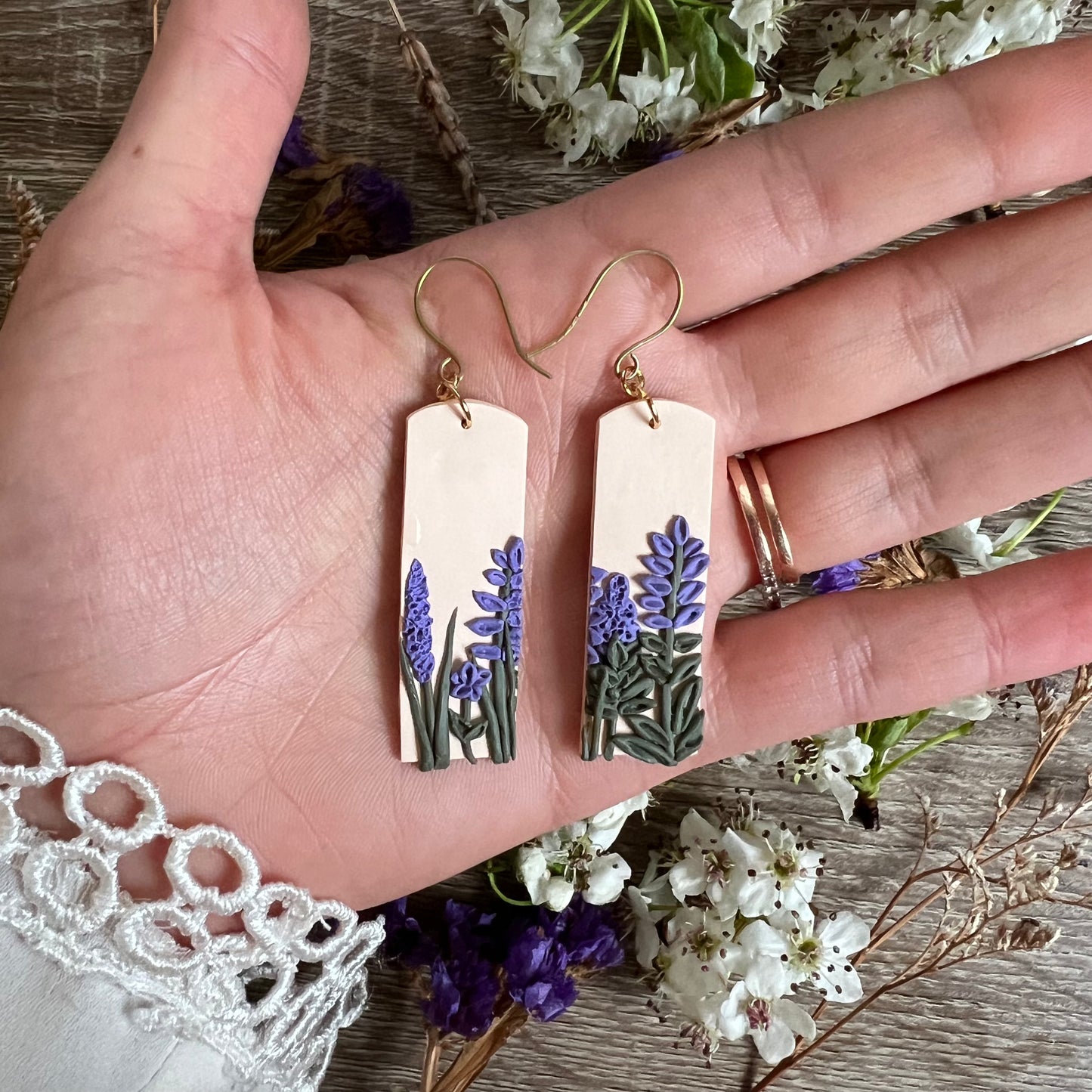 Lavender Floral Rectangle Earrings (OOAK)