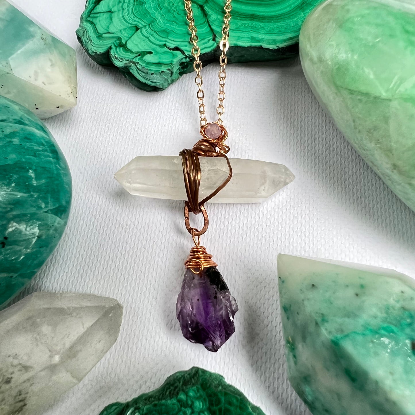Handmade Wire-Wrapped Double Terminated Quartz & Amethyst Pendant - Simply Affinity