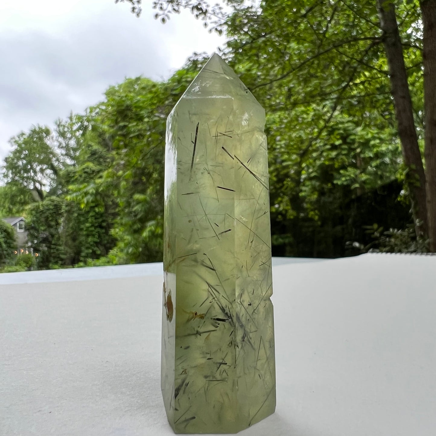 Polished Prehnite Point with Epidote Inclusions (#1) - Simply Affinity