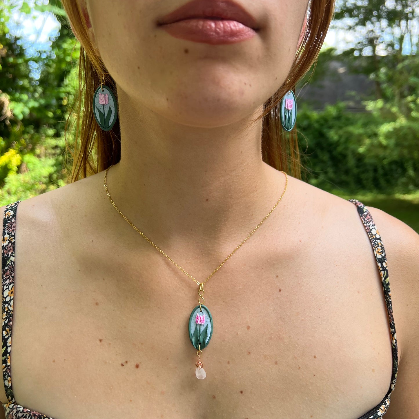 Framed Tulip and Rose Quartz Necklace - Ready to Ship - Simply Affinity