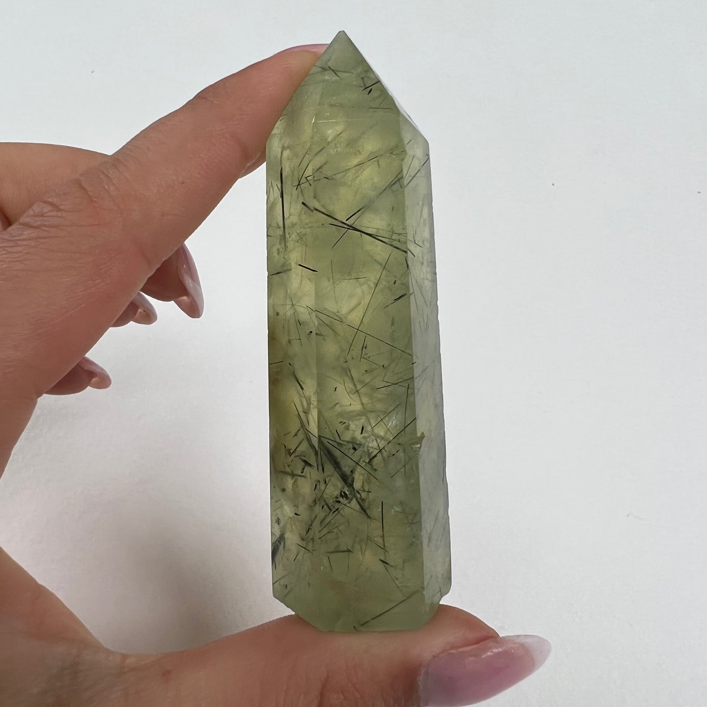 Polished Prehnite Point with Epidote Inclusions (#1) - Simply Affinity