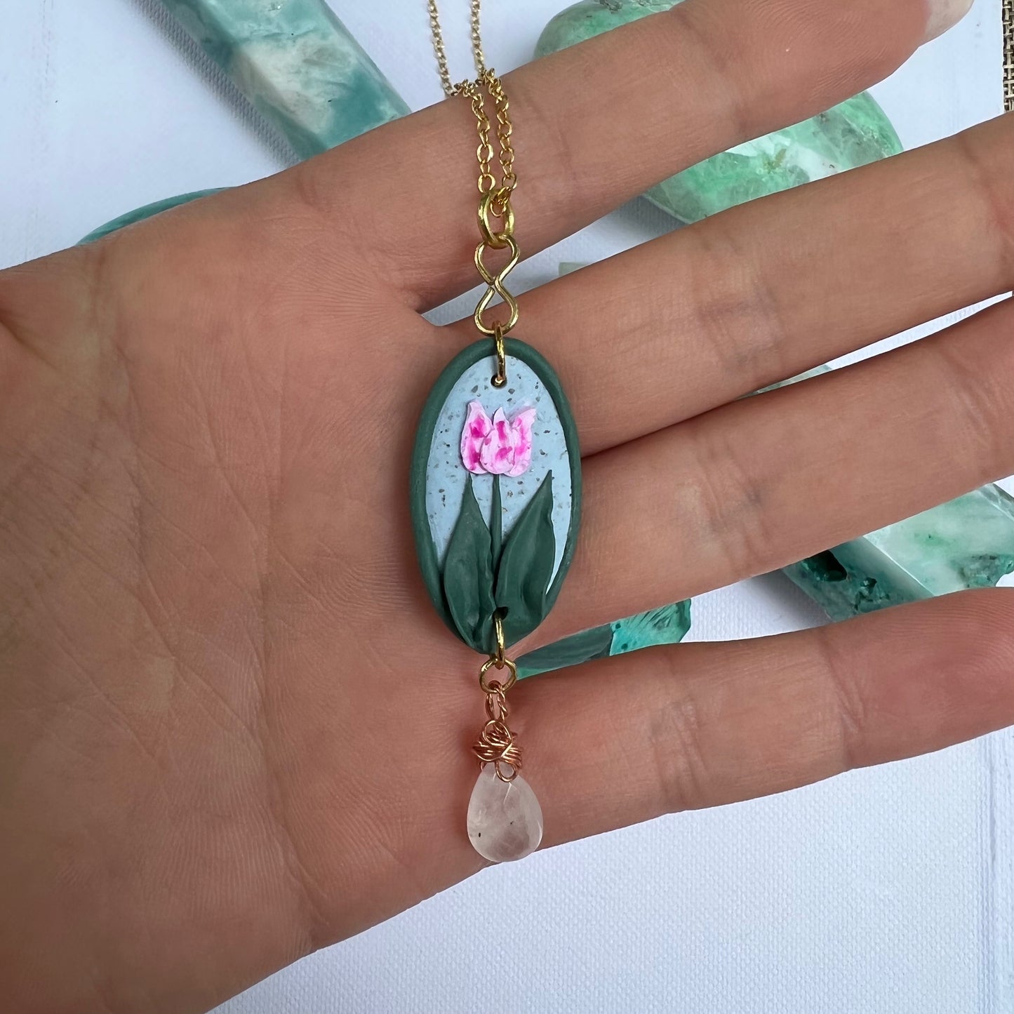 Framed Tulip and Rose Quartz Necklace - Ready to Ship - Simply Affinity