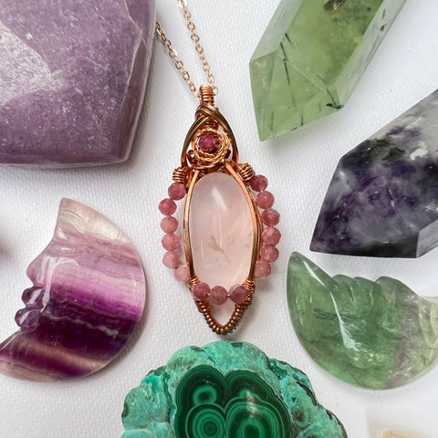 Rose Quartz, Ruby, and Pink Tourmaline Wire-Wrapped Pendant - Ready to Ship - Simply Affinity