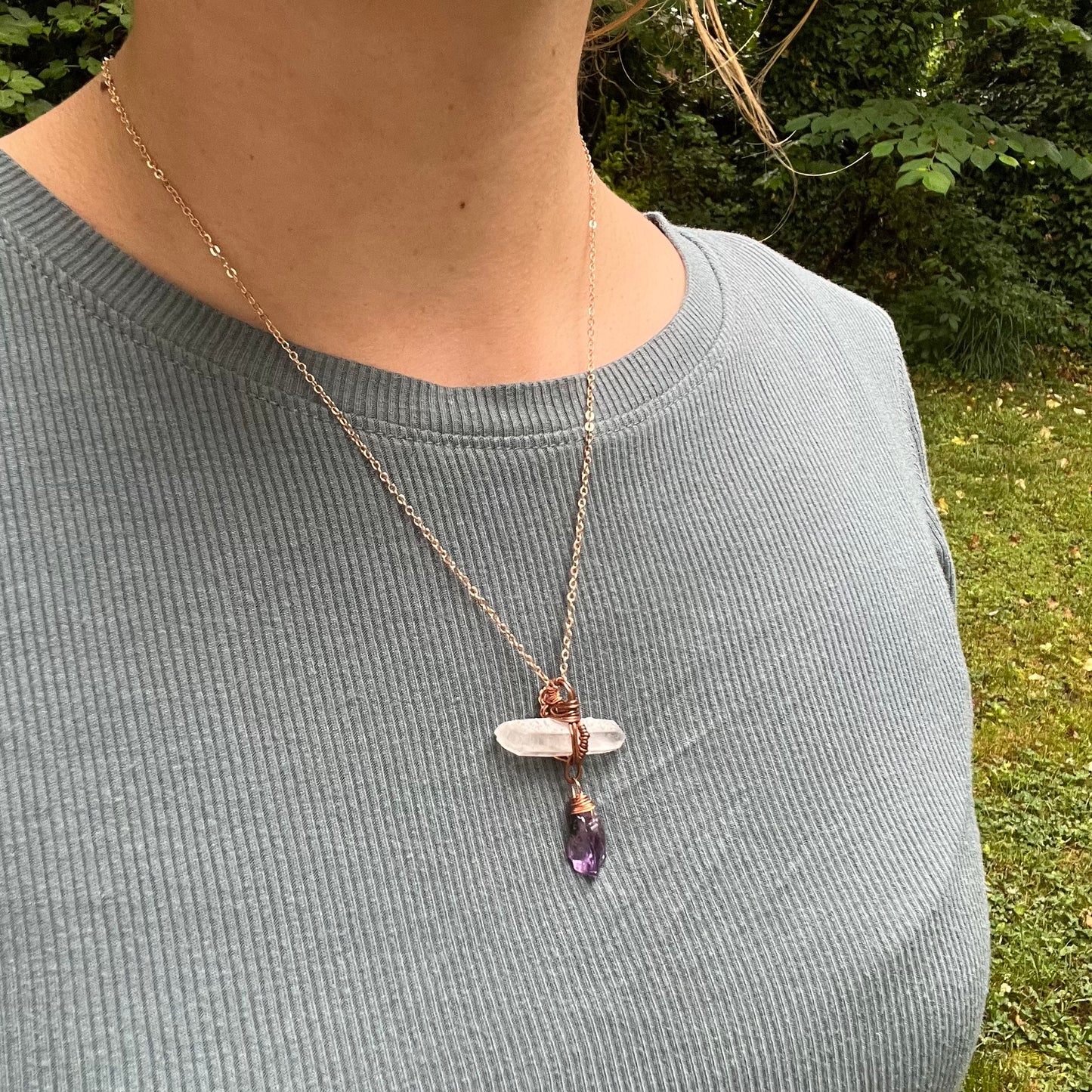 Handmade Wire-Wrapped Double Terminated Quartz & Amethyst Pendant - Simply Affinity