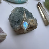 Rainbow Moonstone Pendant Wire-Wrapped in Sterling Silver