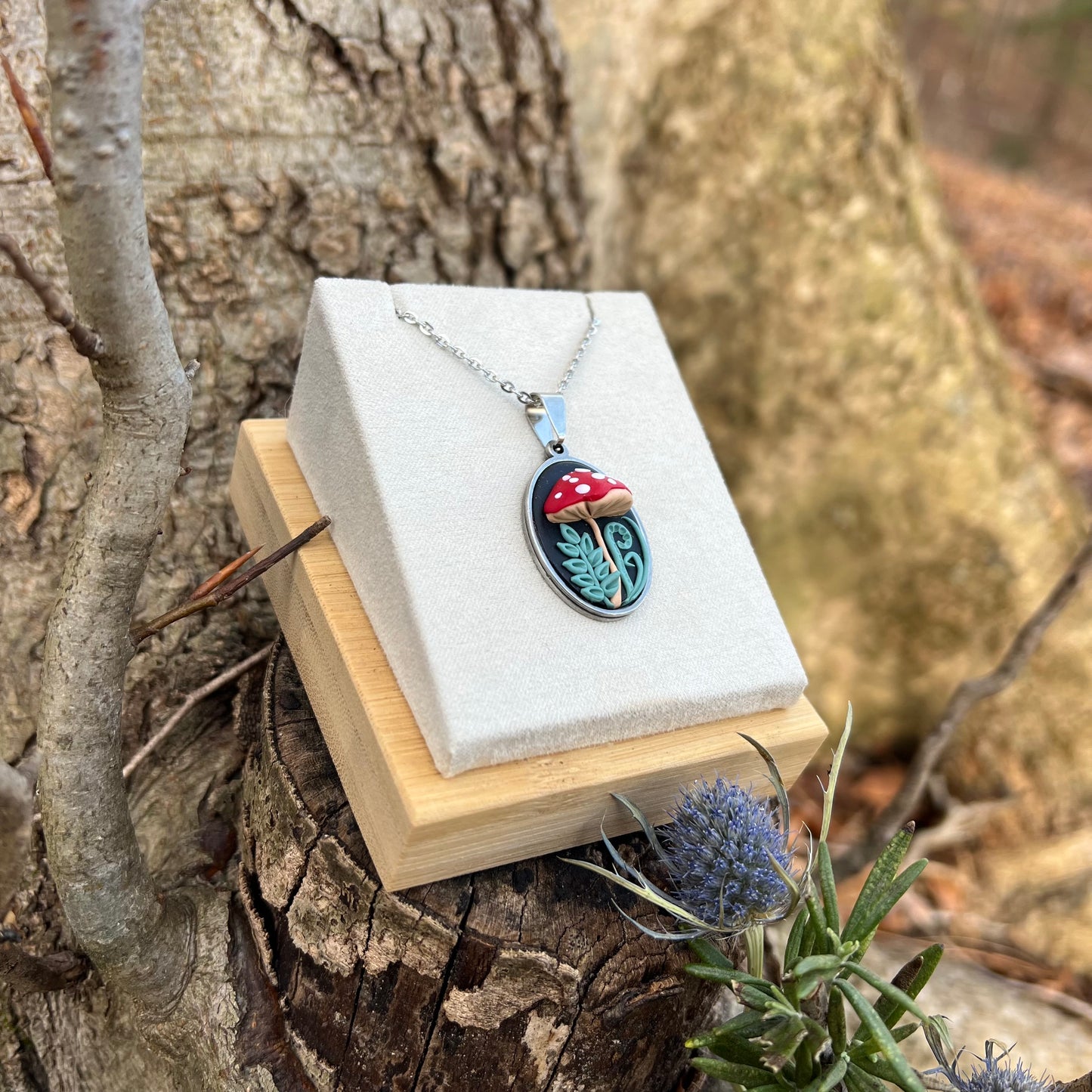 Mushroom and Fern Necklace in Steel