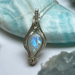 Rainbow Moonstone Pendant Wire-Wrapped in Sterling Silver