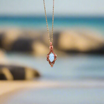 Larimar Pendant wrapped in copper with ocean scene in the background