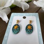 Daffodils on Green Oval Earrings