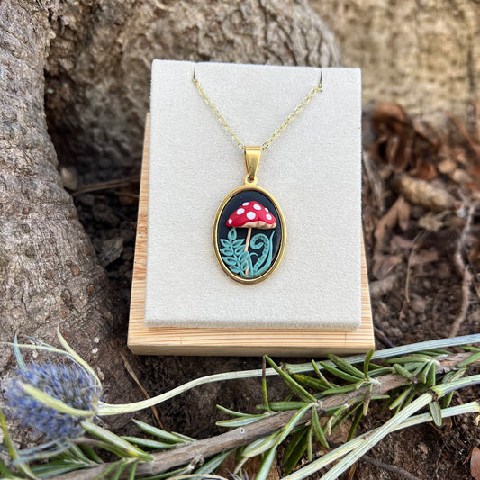 Mushroom and Fern Necklace in Gold
