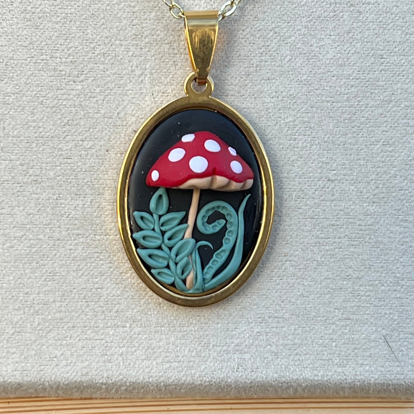 Mushroom and Fern Necklace in Gold