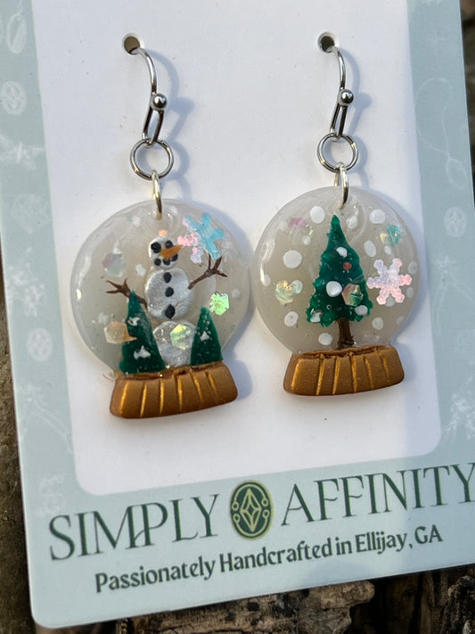 Christmas Tree and Snowman Snow Globe Earrings
