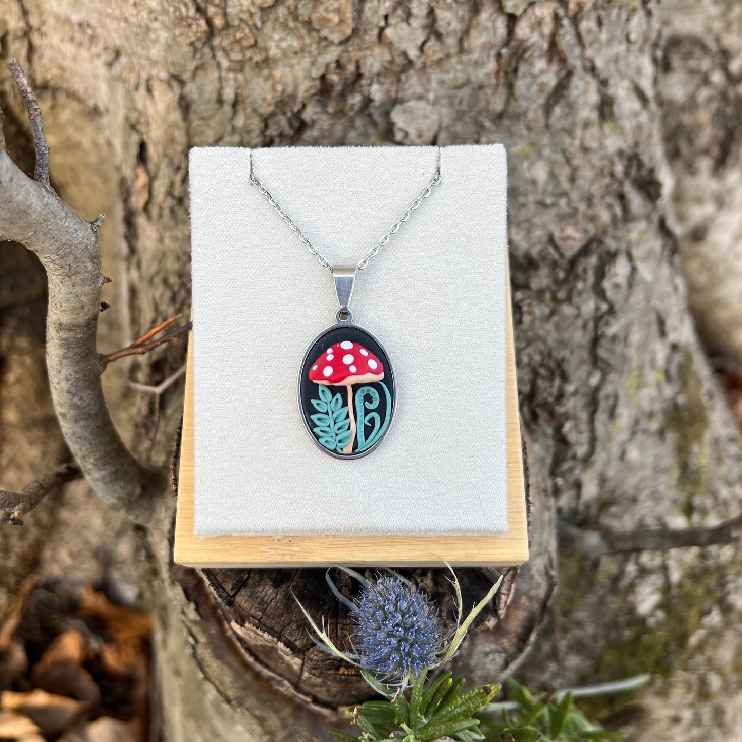 Mushroom and Fern Necklace in Steel