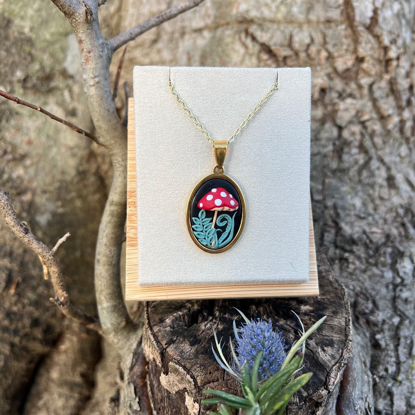 Mushroom and Fern Necklace in Gold